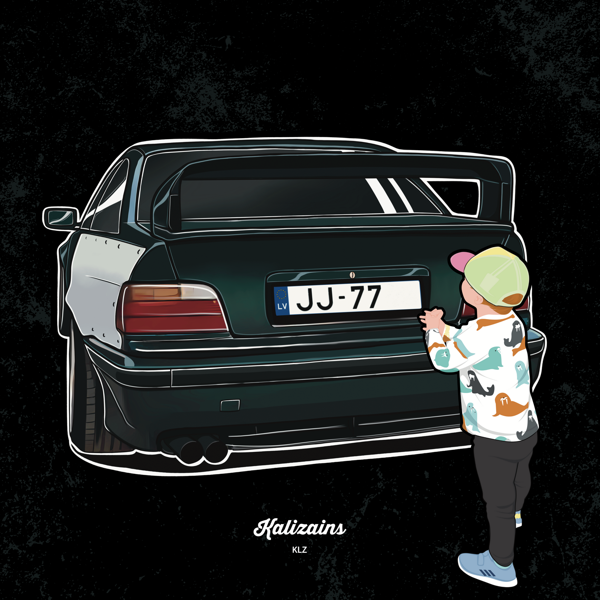 A digital illustration of a person drawing a custom portrait of a car on paper.