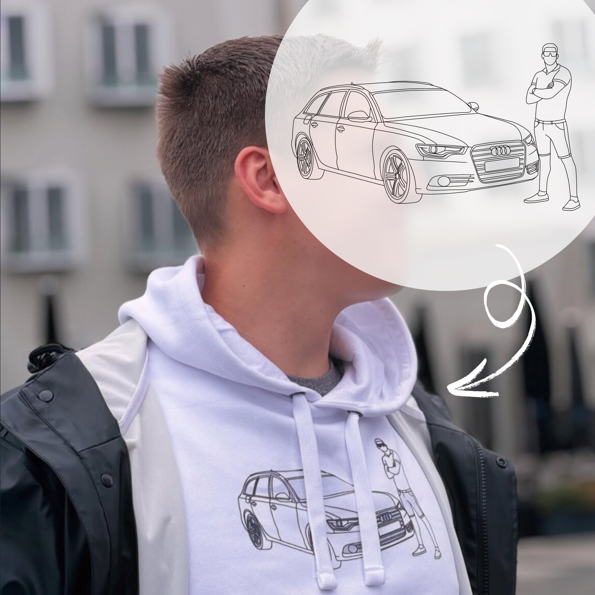 A person wearing a white hoodie with a black outline drawing of a car and a standing figure.
