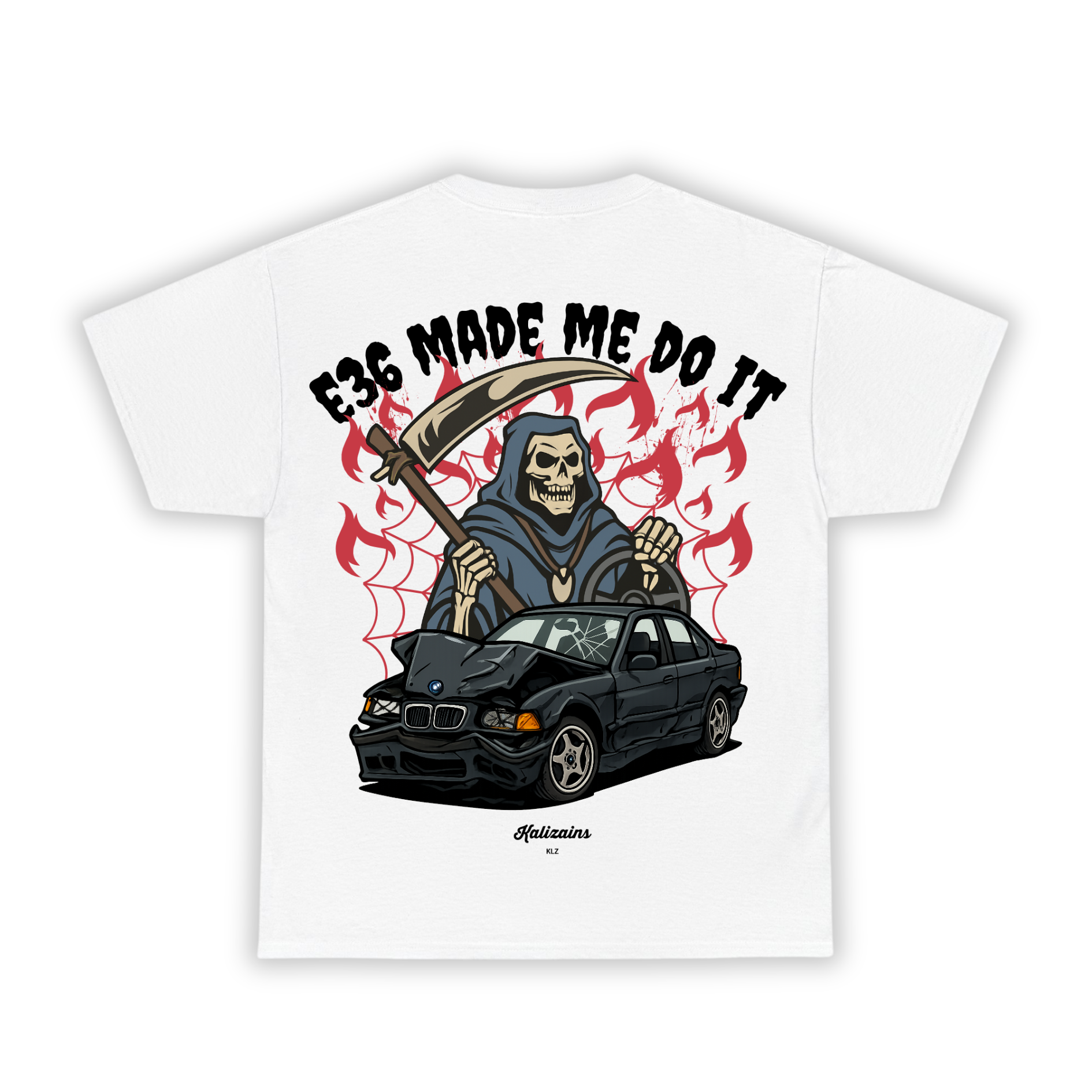 White t-shirt with a graphic design of a skeleton driving a car and text 'E36 MADE ME DO IT' on a white background.